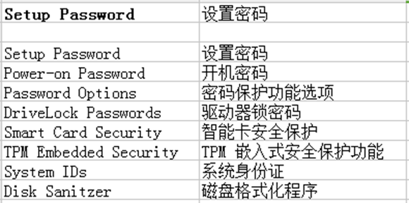 bios：安全保护中文对照表